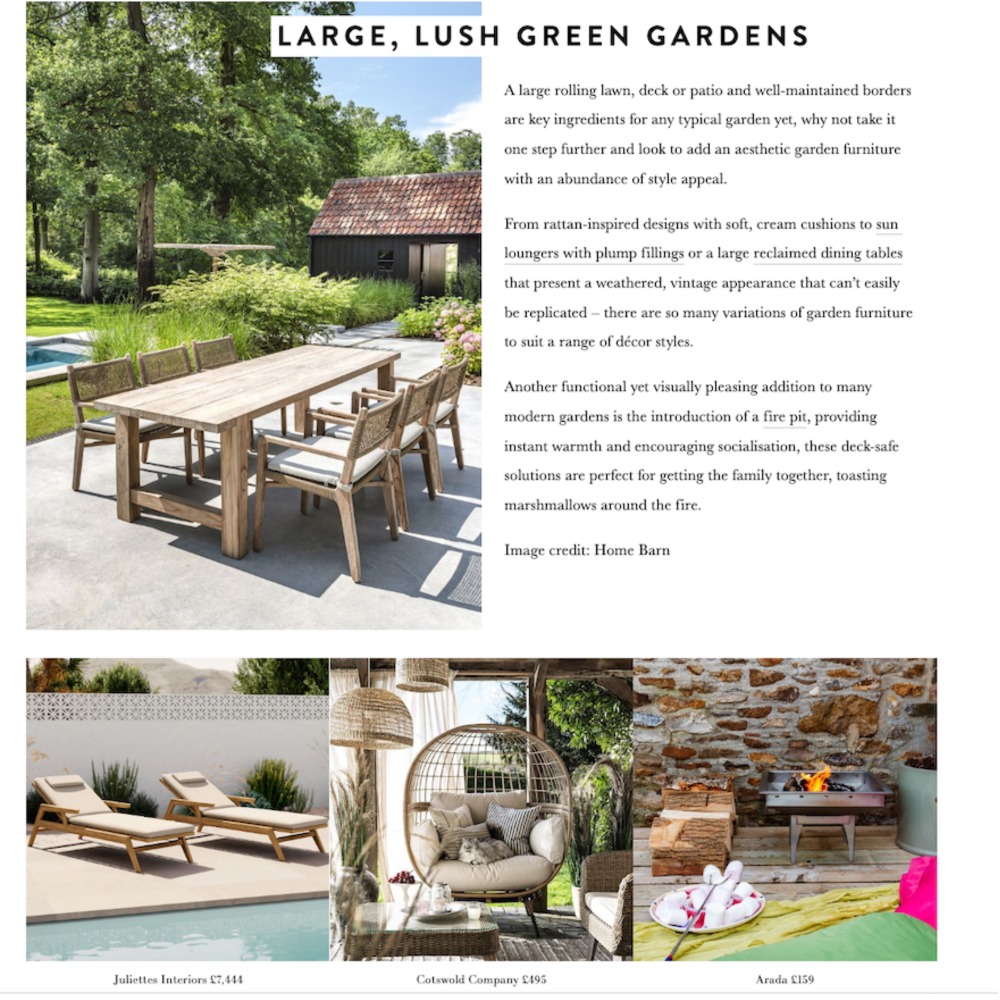 An outdoor patio scene featuring a large wooden dining table and chairs with comfortable cushions, set beside a pool and a rustic garden shed. Additional images show poolside loungers, a hanging wicker chair with pillows, and a cozy fire pit area with logs.