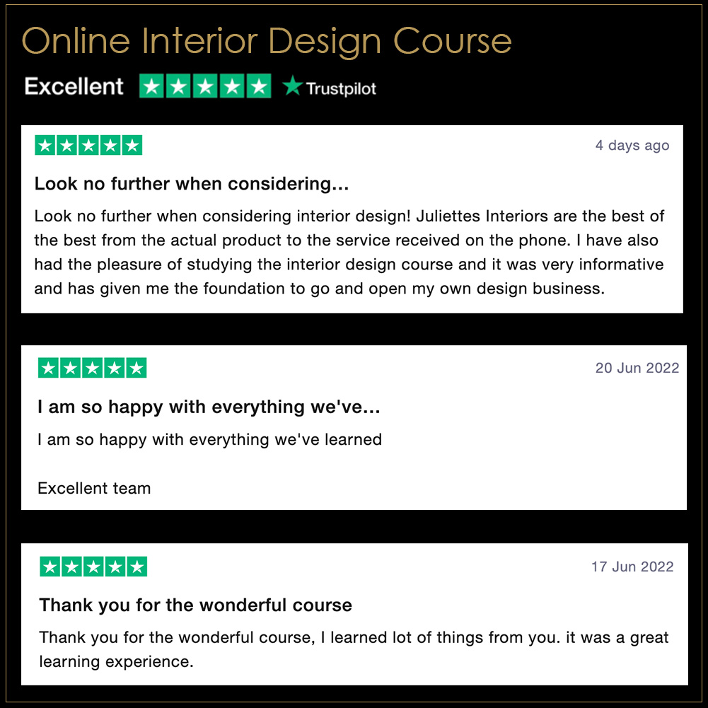 Image of an online interior design course page featuring three customer reviews. The ratings include 5-star ratings with "Excellent" reviews. The comments praise the course for quality services, valuable content, and how to design a boutique hotel-style bedroom, highlighting the positive experience gained.