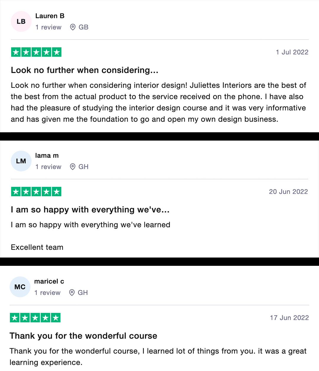 An image showing three positive reviews for a design course. All reviews have five-star ratings. Lauren B from GB praises the course for its comprehensive content. Lm from GB appreciates the team's excellent support. Maricel C from GH thanks for the wonderful learning experience of learning interior design with us.