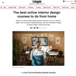 Screenshot of a Livingetc article titled "The best online interior design courses to do from home." It describes an online interior design course. Featured in the image is a woman sitting at a desk, looking at a computer screen displaying a video call with multiple participants. Learn interior design with us from the comfort of your home.