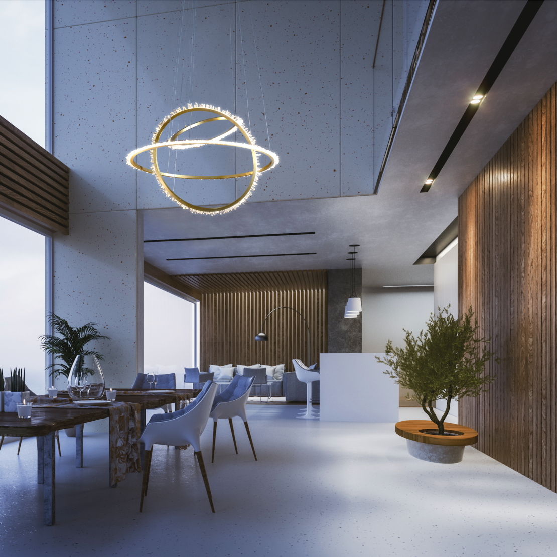 Modern, minimalist living space featuring an affordable luxury lighting fixture in the form of a suspended, ring-shaped light. The room boasts a mix of wood and concrete textures, floor-to-ceiling windows, a wooden dining table with white chairs, a small indoor tree, and a sleek seating area in the background.