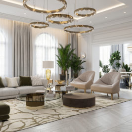 Elegant living room with modern decor, featuring a large sectional sofa, round glass coffee table, beige armchairs, and potted plants. Stylish circular chandeliers hang from the ceiling, and large arched windows with sheer curtains flood the space with natural light—truly how billionaires decorate their homes.