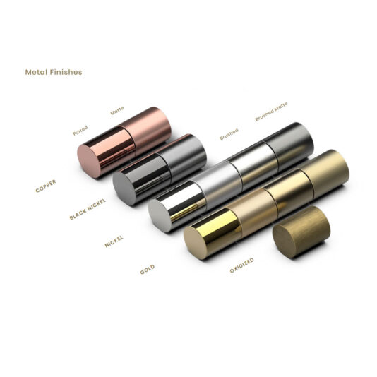 Contemporary Designer Emperador Marble Adjustable Table Lamp A display of six cylindrical metal finishes labeled as copper, black nickel, nickel, gold, and oxidized. Each finish is shown in two variations, one plated and one matte, arranged in pairs horizontally with labels to the left.