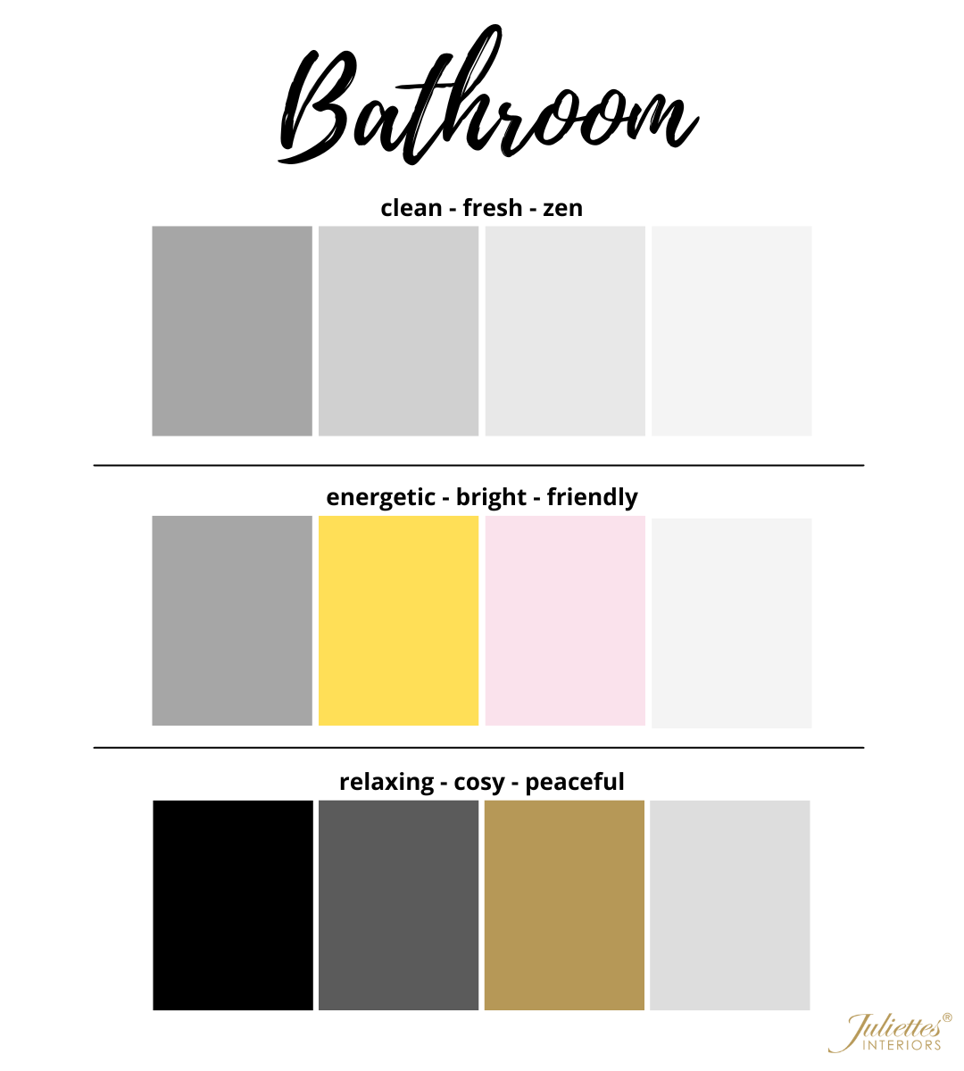 A color palette for bathroom design, featuring three home colour schemes: "clean - fresh - zen" with shades of grey and white; "energetic - bright - friendly" with gray, yellow, pink, and white; and "relaxing - cosy - peaceful" with black, gray, white, and gold.