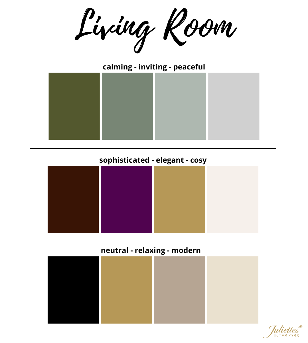         Color palette suggestions for a living room: First row labeled "calming - inviting - peaceful" with shades of green and gray. Second row labeled "sophisticated - elegant - cosy" with shades of brown, purple, beige, and cream. Third row labeled "neutral - relaxing - modern" with shades of black, white, brown, and beige. Perfect home colour schemes by Juliette