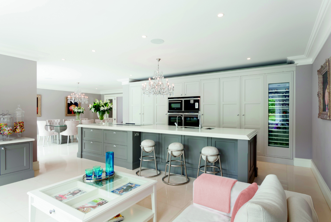 Stonhurst kitchen painted in Cornforth White and island in Mole’s Taupe