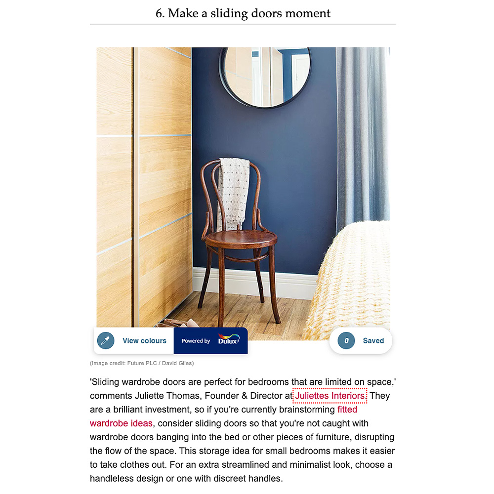 Article on storage ideas for small bedrooms, in which Juliettes Interiors give tip on using sliding doors