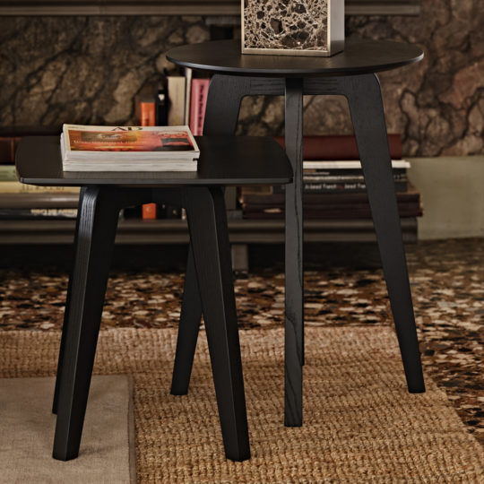 Two Contemporary Mocha Ash Side Tables of different heights are placed close to each other in a living area. The smaller table has a book on top, and the larger table has a decorative block. In the background, there are more books and a rug with a woven texture, highlighting their sophisticated mocha ash charm.