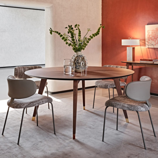 Contemporary Round Walnut Dining Table Set