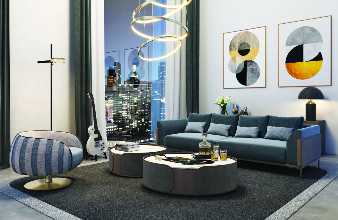 A modern living room features a blue velvet sofa, circular coffee tables, and a unique cylindrical chair. The room showcases abstract art on the walls and features a guitar by the window. City lights are visible through the large floor-to-ceiling window.