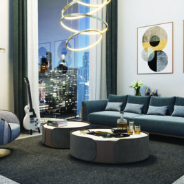 Modern living room with a dark grey couch, round coffee tables, and a striped swivel chair. A floor lamp and a guitar stand in the left corner, and two abstract art pieces hang on the wall. Large windows showcase a city skyline at night.