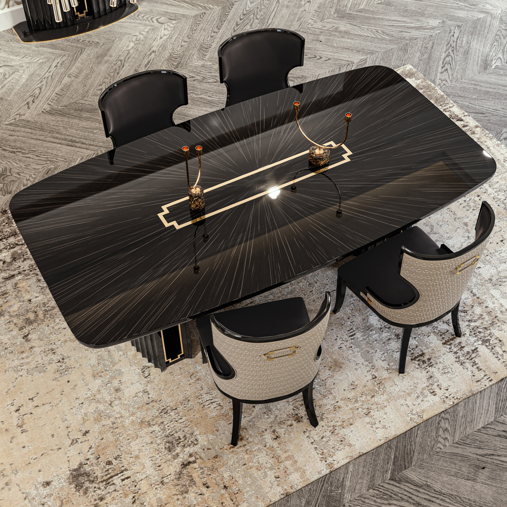 A sleek, modern dining table with a black, glossy finish and an artistic golden design in the center from the Park Lane Collection. Surrounding the table are six stylish black chairs with beige backrests, arranged neatly. The table sits on a textured rug and an intricate, light-colored floor.