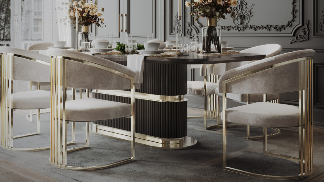 A modern, elegant dining room features a round table adorned with white dishes, glassware, and floral centrepieces. The table is surrounded by six velvet chairs with metallic gold accents, epitomising luxury furniture. The room's design includes intricate wall mouldings and large windows.