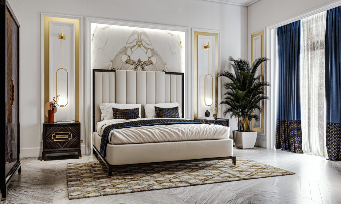 A modern, stylish bedroom featuring a large bed with a padded headboard and dark pillows. The room has a patterned rug, black and gold nightstands with lamps, golden wall accents, a large potted plant, and blue and white floor-to-ceiling curtains.