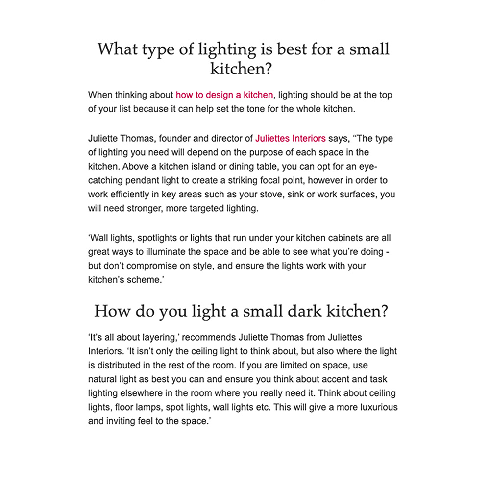 Page from article on small kitchen lighting ideas featuring Juliettes Interiors