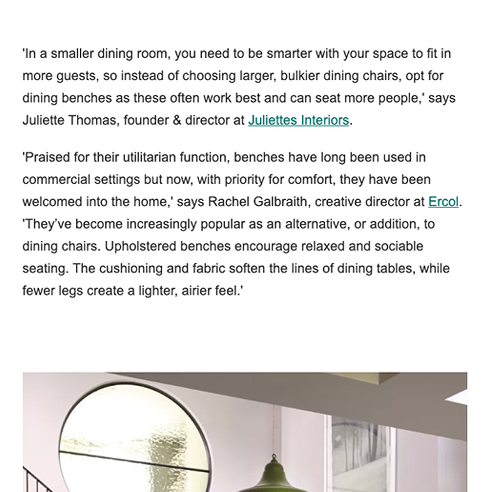 A snippet from an article featuring advice on dining room seating. The text includes quotes from Juliette Thomas of Juliette’s Interiors and Rachel Galbraith from Ercol, discussing the benefits of using benches over traditional dining chairs for maximising small table space and comfort.