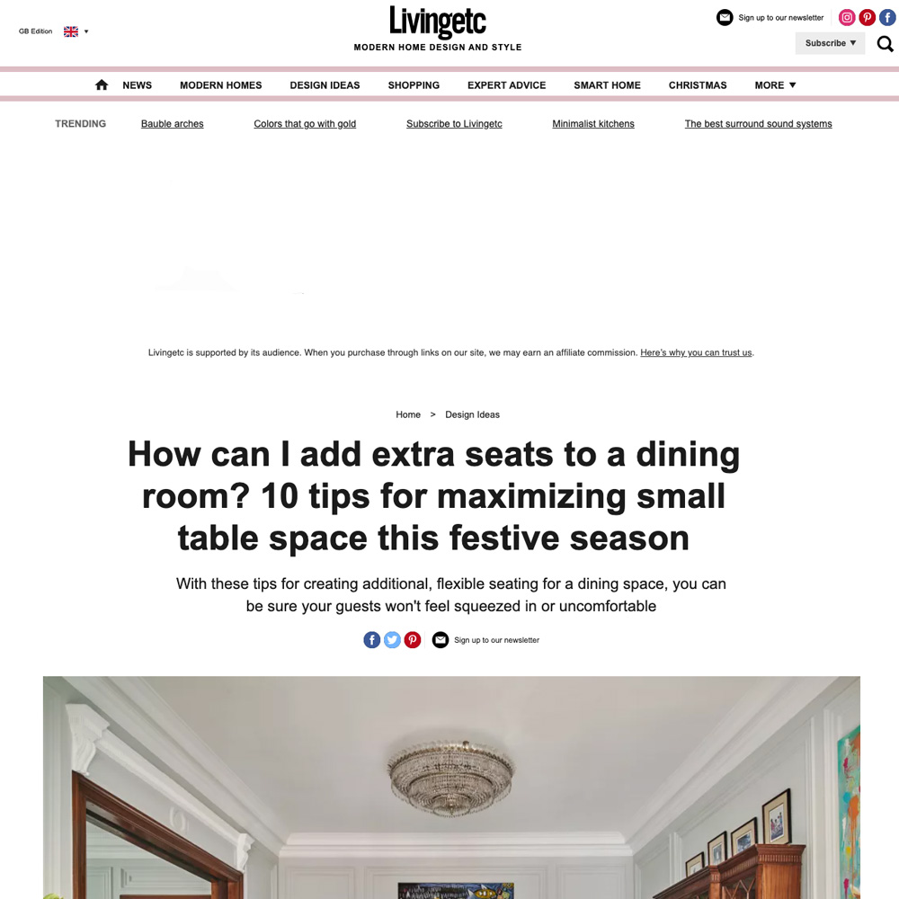 Screenshot of a Livingetc article titled “How Can I Add Extra Seats to a Dining Room? 10 Tips for Maximising Small Table Space This Festive Season.” The page includes navigation menus, social media sharing options, and a large article image showing a well-appointed dining room.