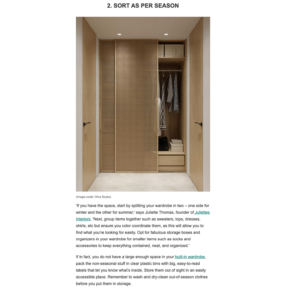 A built-in wardrobe with sliding wooden doors is partially open, revealing neatly organized clothes and accessories. Clothes hang on the left side, accessories like bags and folded items are on open shelves to the right. Text about closet organization ideas and sorting wardrobes by season is underneath.