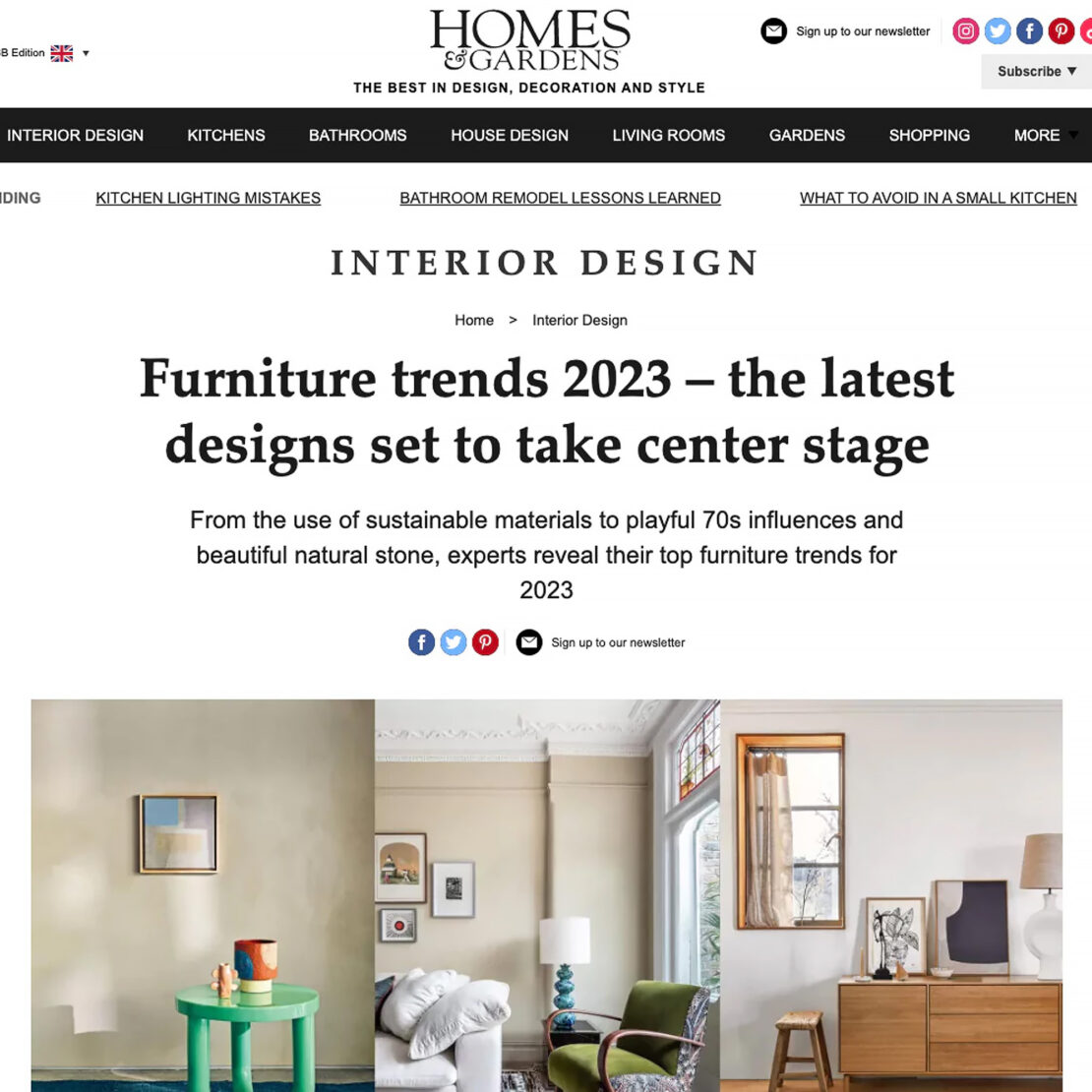 Screenshot of the Homes & Gardens website highlighting Furniture Trends 2023. The page has an article titled "Furniture trends 2023 – the latest designs set to take center stage" with images of stylish rooms featuring modern furniture and décor elements.