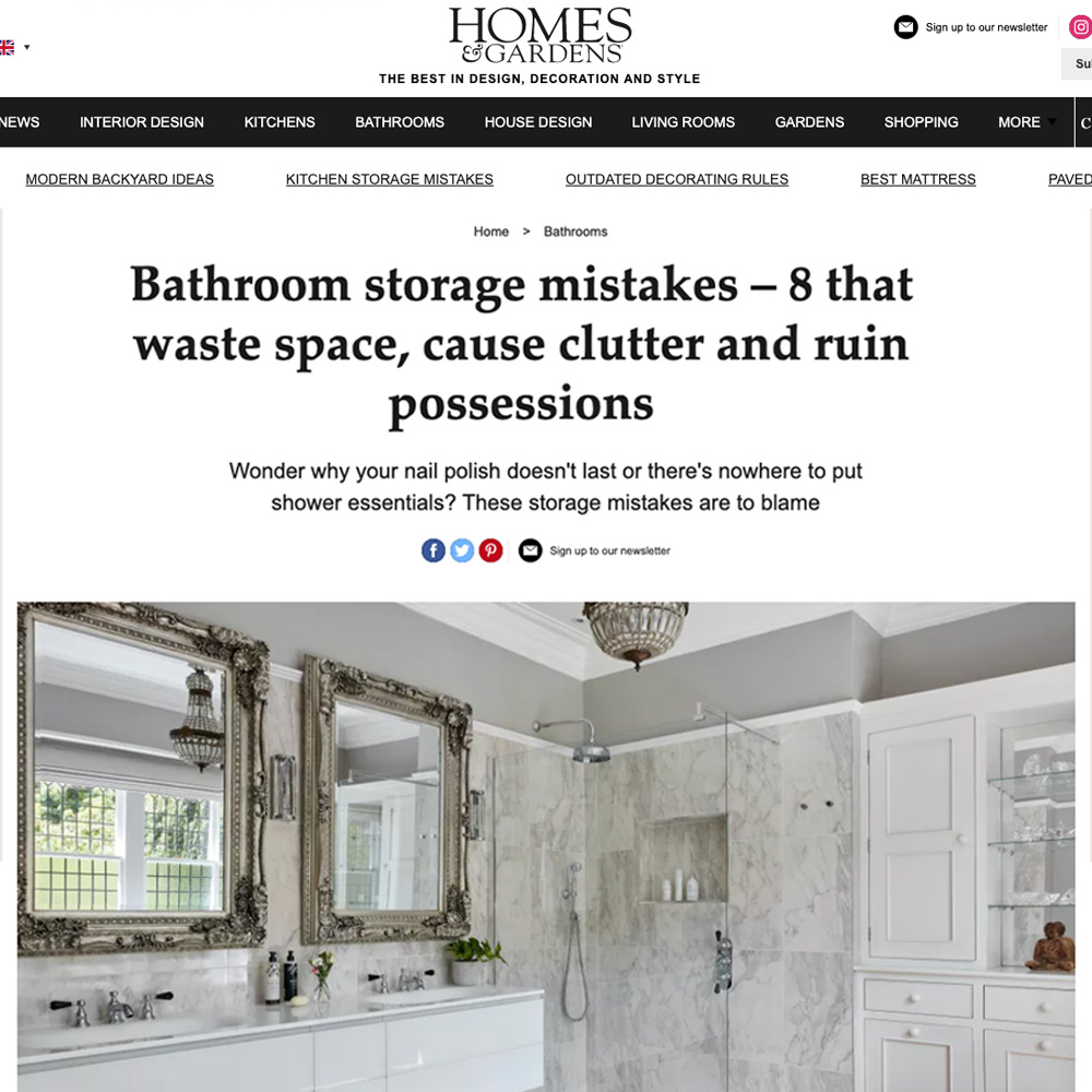 First page of Homes & Gardens article about common bathroom storage mistakes