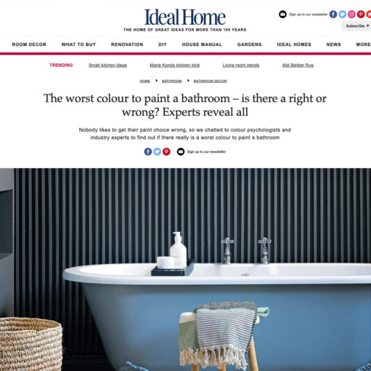 Image of a webpage from Ideal Home featuring an article titled "The Worst Colour to Paint a Bathroom – Is There a Right or Wrong? Experts Reveal All." The page shows a white bathtub against a dark wall, with a basket and towel in the foreground.