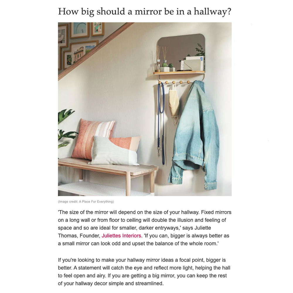 Article on hallway mirror ideas in which Juliettes Interiors give a tip 