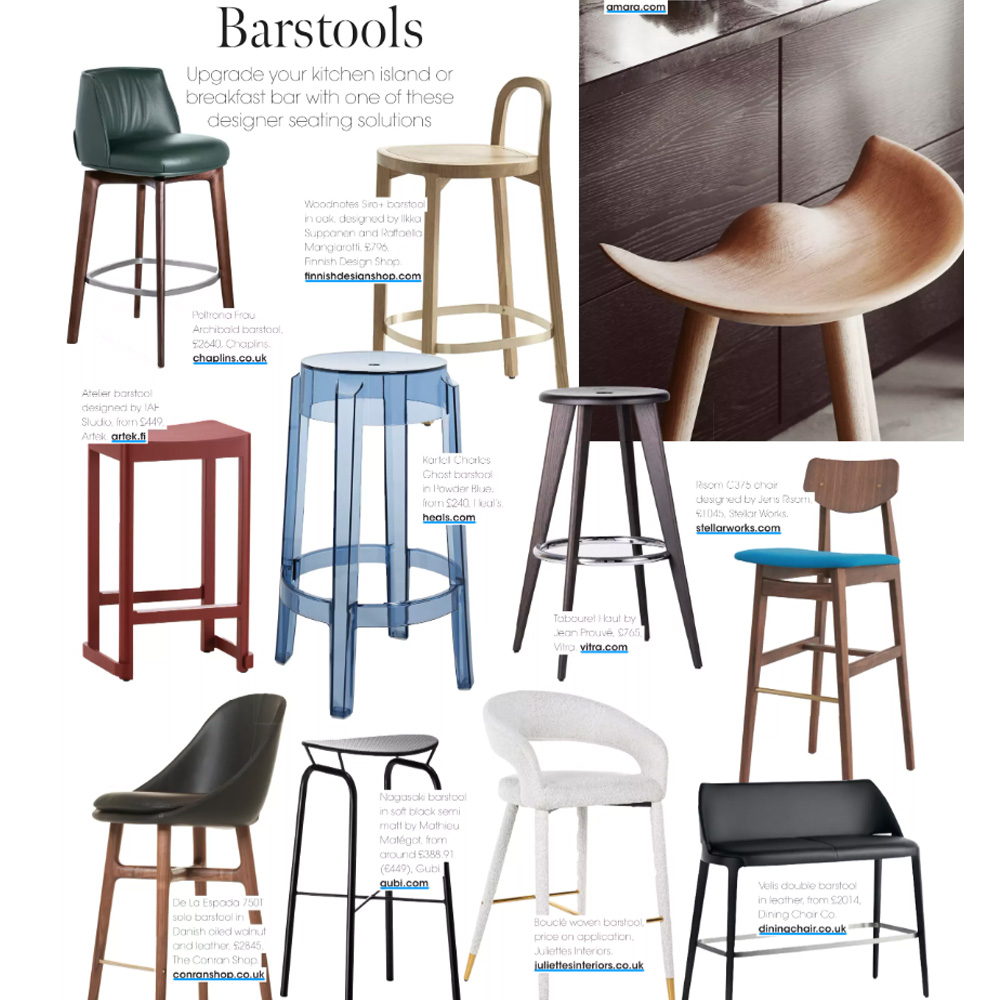 A collection of designer barstools with various designs, materials, and colors. Each barstool is labeled with a website for purchase. The stools vary from simplistic metal and wood to modern designs, including clear acrylic and padded fabric options.