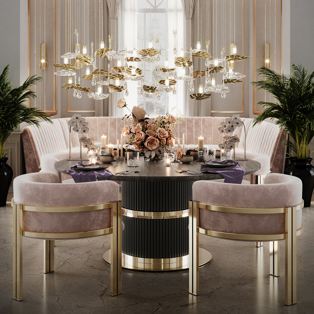 A luxurious dining room featuring a round black dining table with a golden base, surrounded by pink velvet chairs with gold accents. The table is adorned with candles, flowers, and tableware evoking the freshness of spring. A grand chandelier with modern, intricate designs hangs above.