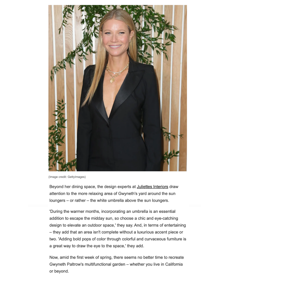 Page from article about Gwyneth Paltrow's Los Angeles Garden in which Juliettes Interiors featured