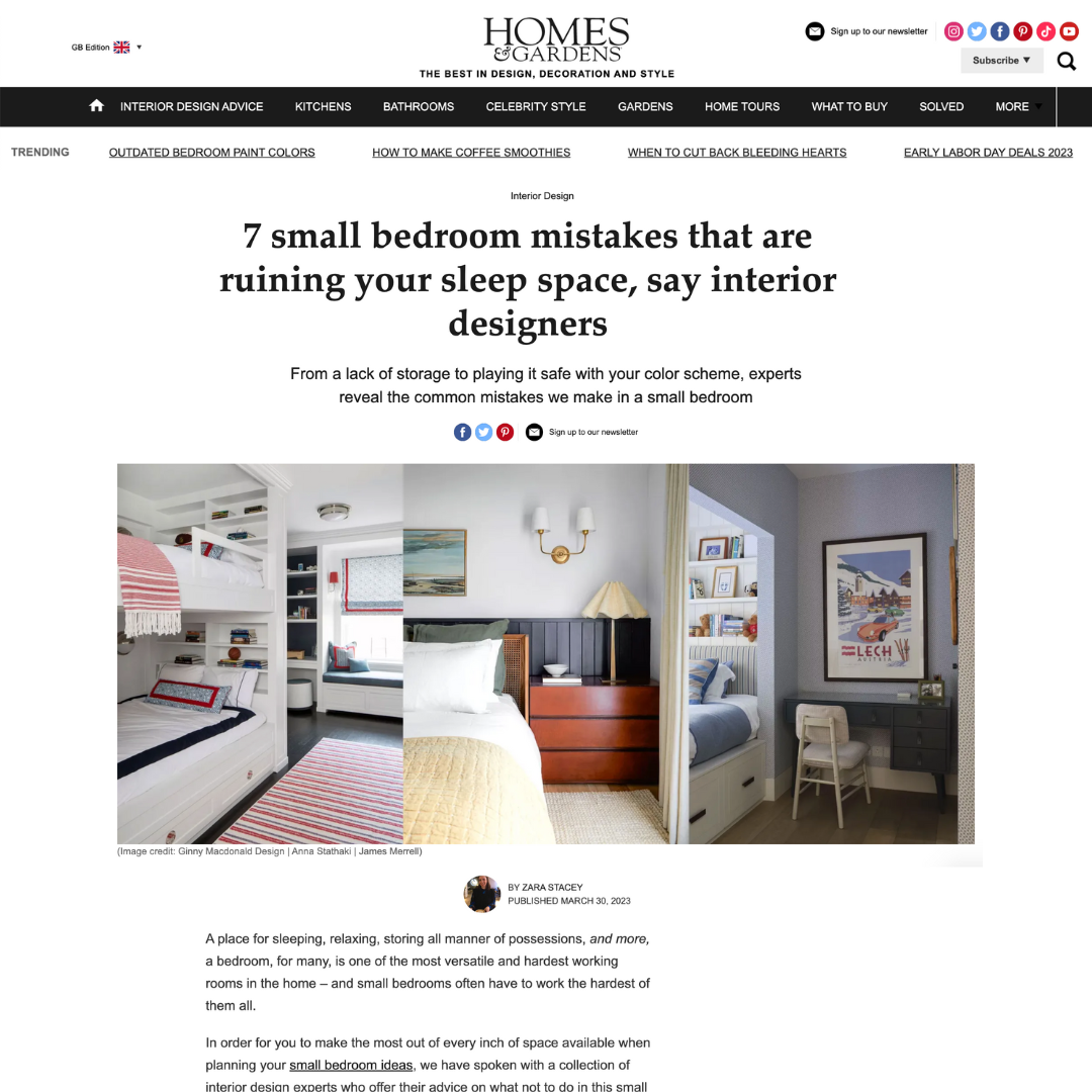 first page of homes & gardens article on small bedroom mistakes