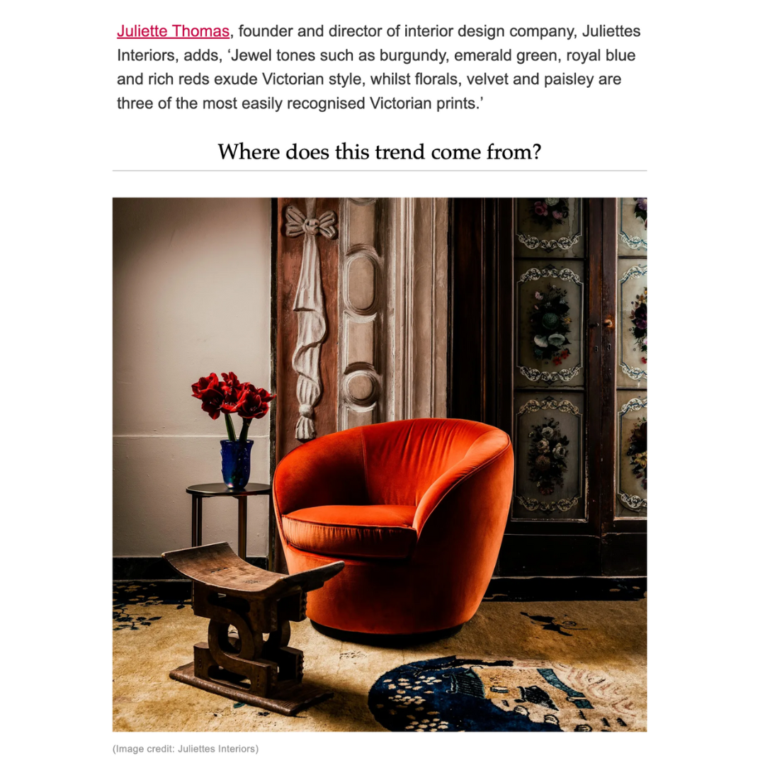 Image of a chair by Juliettes Interiors features in this article on the Victorian home decor trend