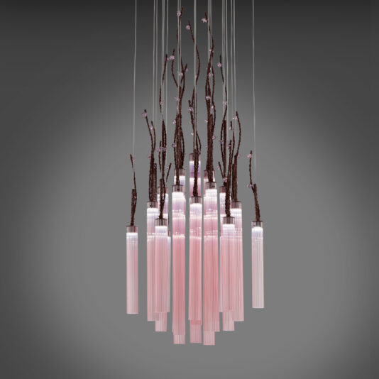 Pink Fluted Glass Chandelier With Swarovski Crystal Flowers