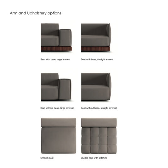 Showcase of the Contemporary High End Modular Corner Sofa, highlighting luxurious armrest and upholstery styles. The collection ranges from modular designs with expansive, straight armrests to sleek corner configurations. Features include smooth or quilted seating with refined stitching, perfect for elevating any elegant living space.