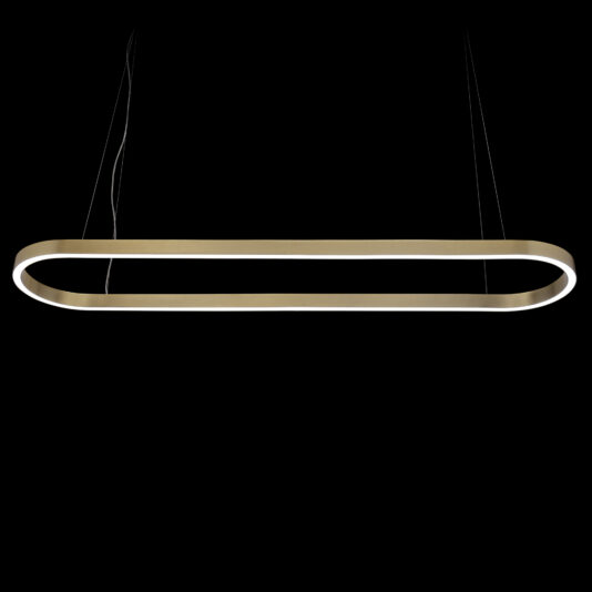 The Contemporary Oval Downlight Chandelier features a sleek, minimalist design and an elegant oval shape. Suspended by thin wires, it boasts a smooth, metallic finish complemented by a continuous LED light strip along its inner edge, all set against a striking black background.