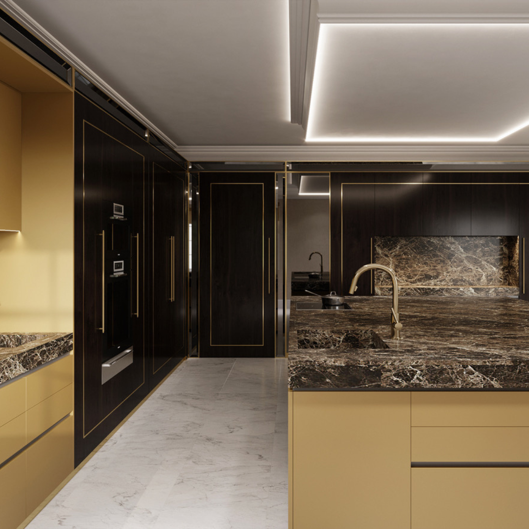 A luxury kitchen design with gold and dark wood cabinets, marble countertops, and a marble backsplash. The room features sleek, integrated appliances and a ceiling with recessed lighting.