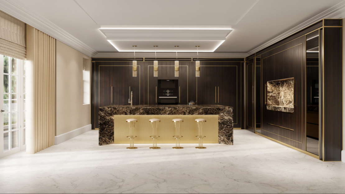 A luxury kitchen design featuring dark wood cabinetry with gold accents, a central island with a marbled surface, and four gold bar stools. The room has white marble flooring, large windows with beige curtains, and contemporary pendant lights above the island.