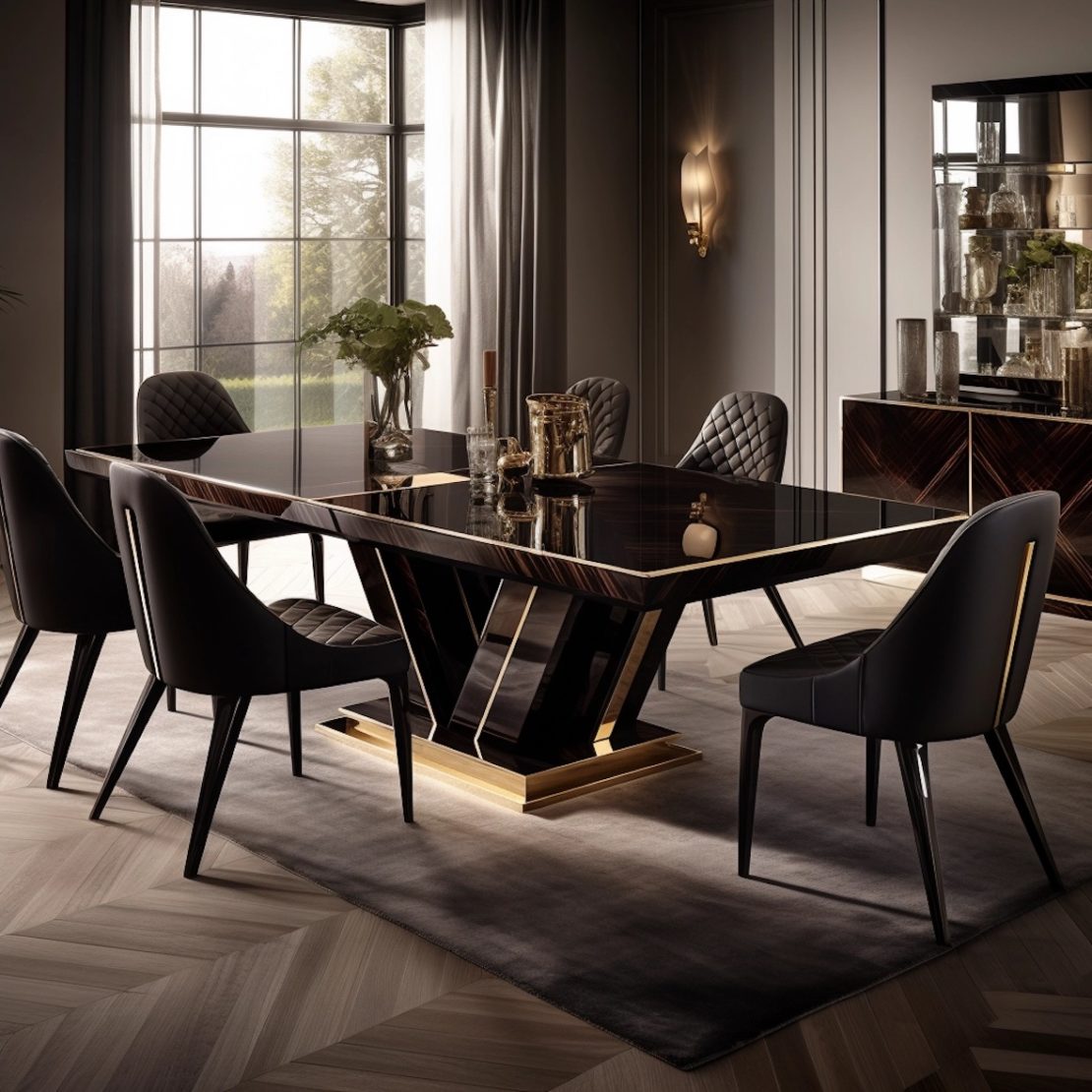 A luxurious dining room features a sleek, dark wood table with a geometric base and six matching chairs. Sunlight streams through large windows with sheer curtains, illuminating elegant decor including bespoke furniture, a vase with flowers, and various decorative items.