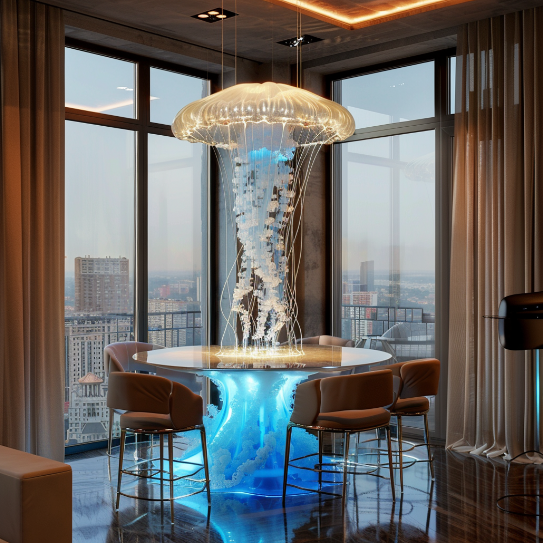 A modern dining area features a round table with a striking chandelier resembling a jellyfish hanging above it. The setup includes high-back chairs and a panoramic city view through large windows. This jellyfish interior design exudes sleekness and contemporary flair, complemented by warm lighting.