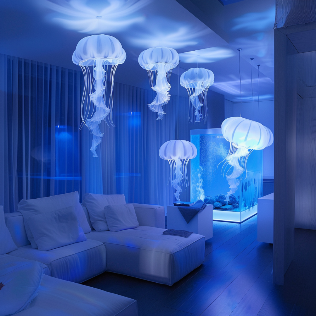 A modern living room with jellyfish-shaped pendant lights hanging from the ceiling in a soft blue glow showcases exquisite jellyfish interior design. The room features white furniture, including a sectional sofa and a glass coffee table. In the background, a large aquarium also casts a soothing blue light.