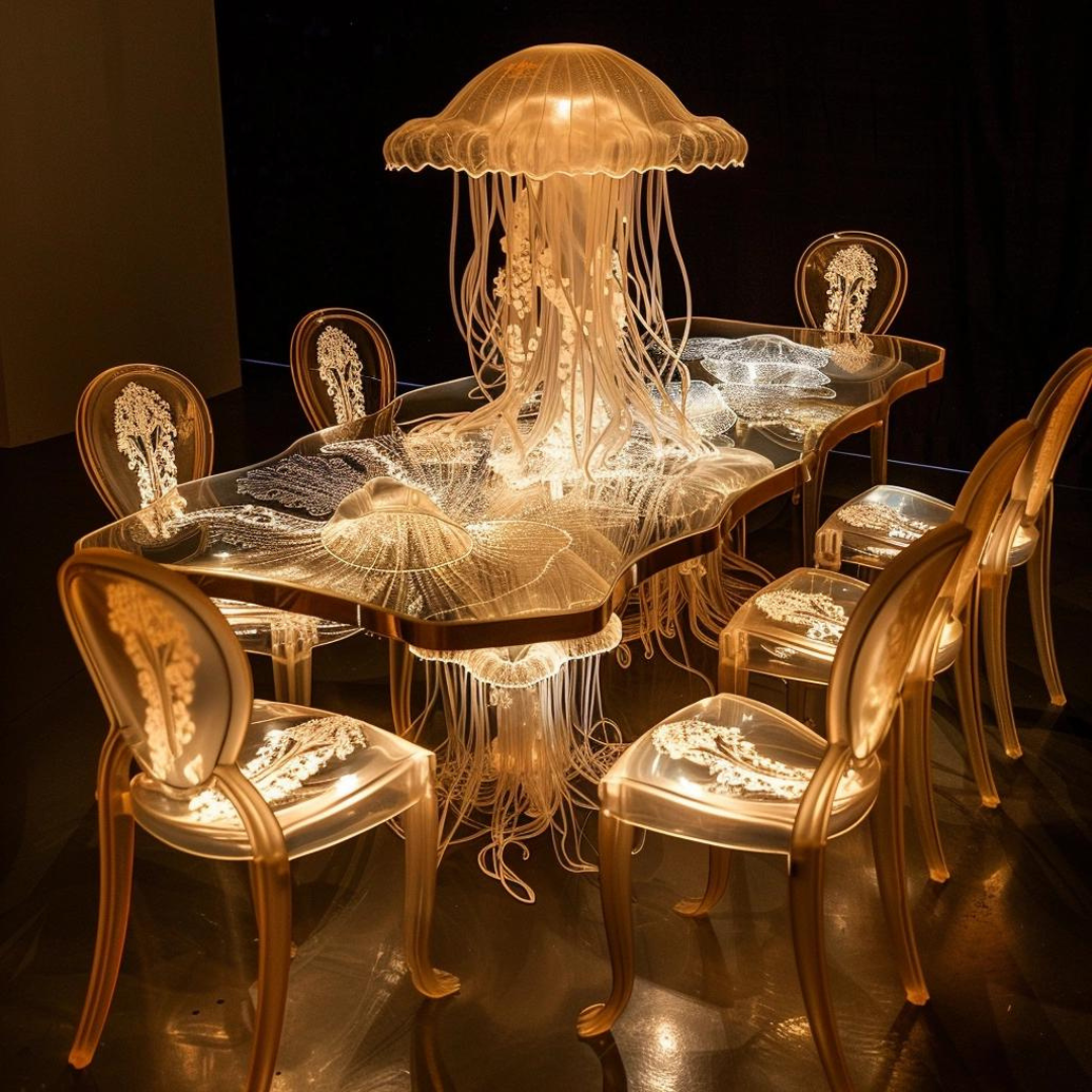 An artistic dining setup with a unique, glowing jellyfish chandelier as the centerpiece. The table and six chairs feature intricate, illuminated designs, creating a surreal, underwater ambiance. This exquisite jellyfish interior design is enhanced by the dim lighting that highlights the ethereal glow of the furniture.