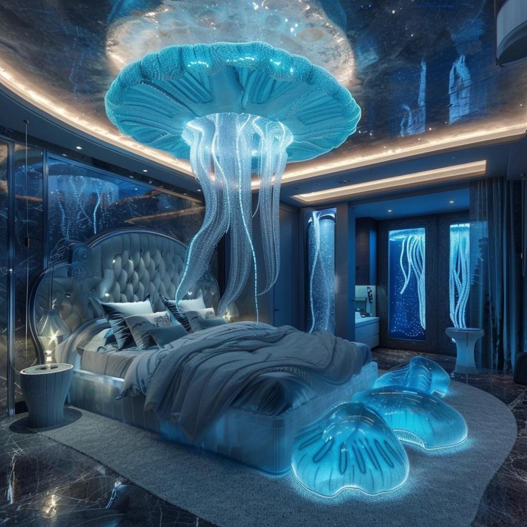 A futuristic bedroom with a glowing jellyfish theme. The ceiling features a large illuminated jellyfish light fixture, and the room is decorated in shades of blue with jellyfish-shaped lamps and oceanic decor, creating an underwater ambiance that showcases innovative jellyfish interior design.