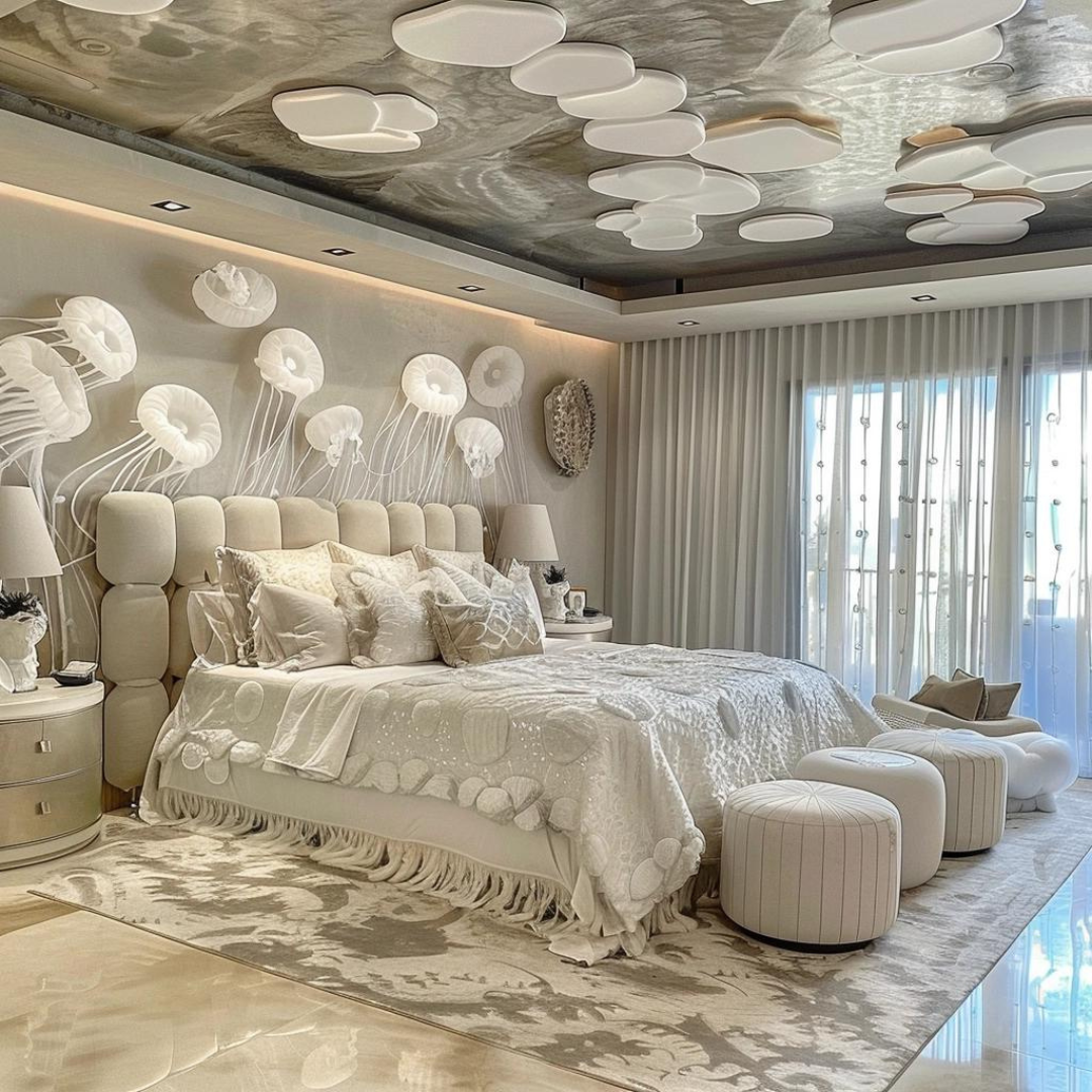 A luxurious bedroom with an ornate white bed covered in textured pillows and a fringe blanket. The ceiling features artistic white lily pad decorations, reminiscent of jellyfish interior design. The room includes two round ottomans, a chair with a matching footrest, and large windows with sheer curtains.