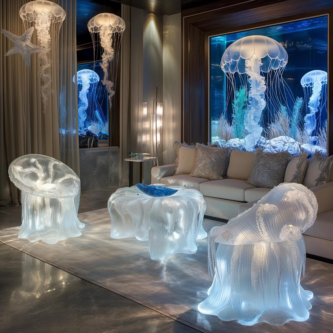 A modern, dimly-lit living room showcases exquisite jellyfish interior design. Translucent, jellyfish-shaped chairs and table surround a beige sofa. Backlit jellyfish sculptures hang from the ceiling, while a large aquarium with live jellyfish forms the captivating backdrop.