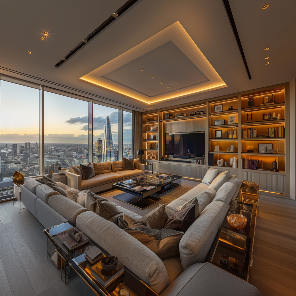 A luxurious, modern living room with a large sectional sofa surrounding a glass coffee table reflects exquisite interior design. Floor-to-ceiling windows offer a stunning cityscape view at sunset. Built-in shelves with books and decor items, and a wall-mounted TV enhance the sophisticated London ambiance.