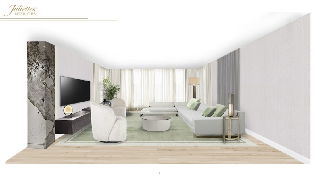 A modern living room in a luxury apartment designed with neutral tones and minimalist decor. It features a light grey sectional sofa, a white armchair, a flat-screen TV mounted on a dark wooden stand, and a coffee table on a green rug. Large windows with sheer curtains allow natural light in.