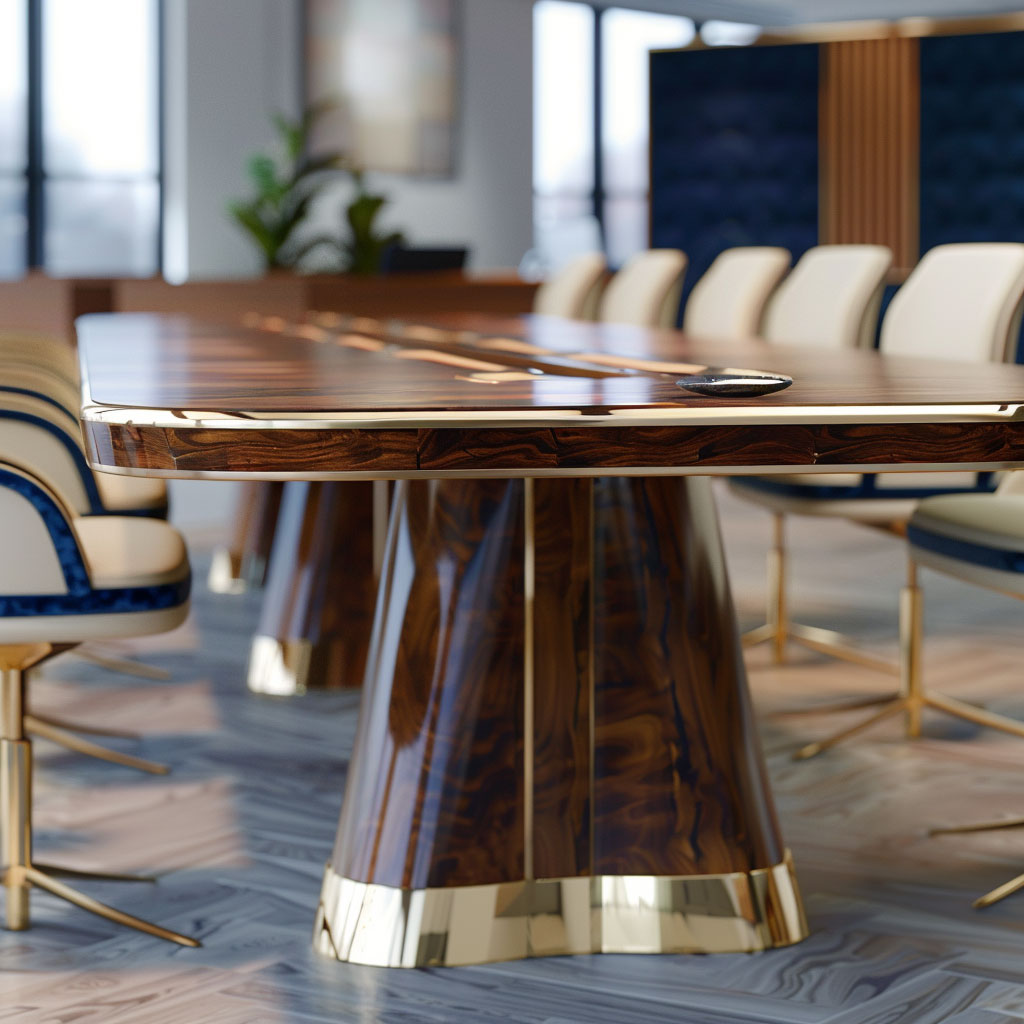 A modern conference room features a long, polished wooden table with gold accents. Surrounding the table are cream-colored chairs with gold bases. The room showcases luxury furniture with its sleek design, large windows, and indoor plants in the background.