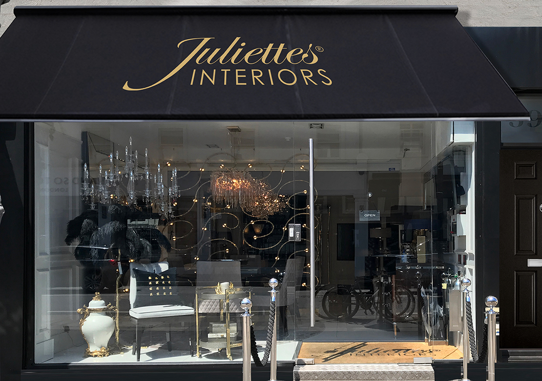 Juliettes Interiors Luxury Furniture Showroom London image of the front display window and entrance in Chelsea   