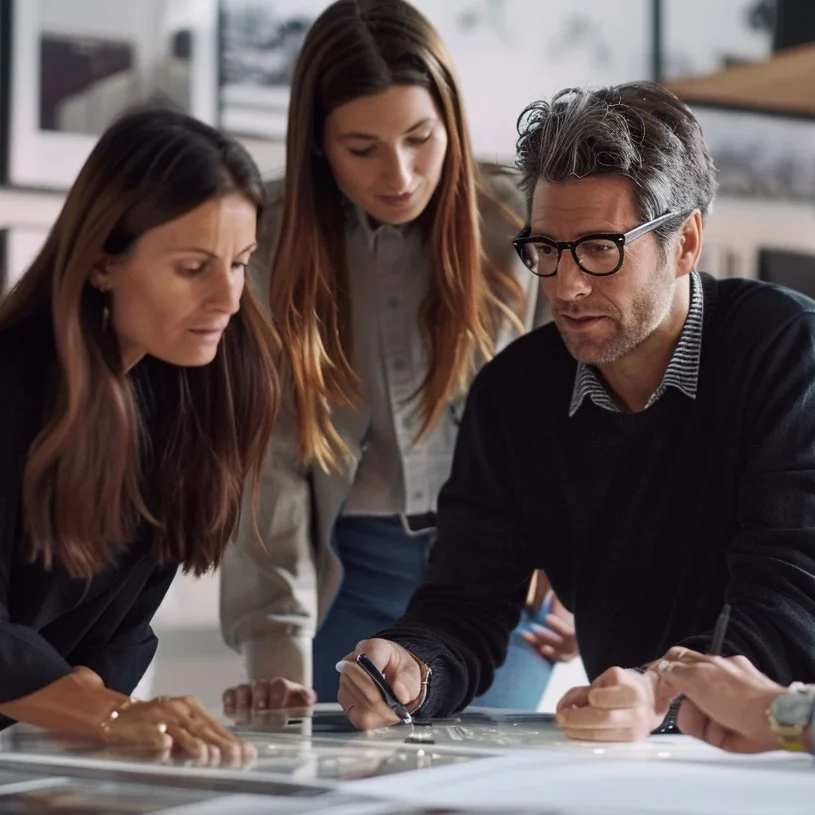 Three people are collaborating at a table, looking at documents spread out. One person is pointing with a pen, suggesting they are discussing something important. They appear focused and engaged in their conversation in an office setting.