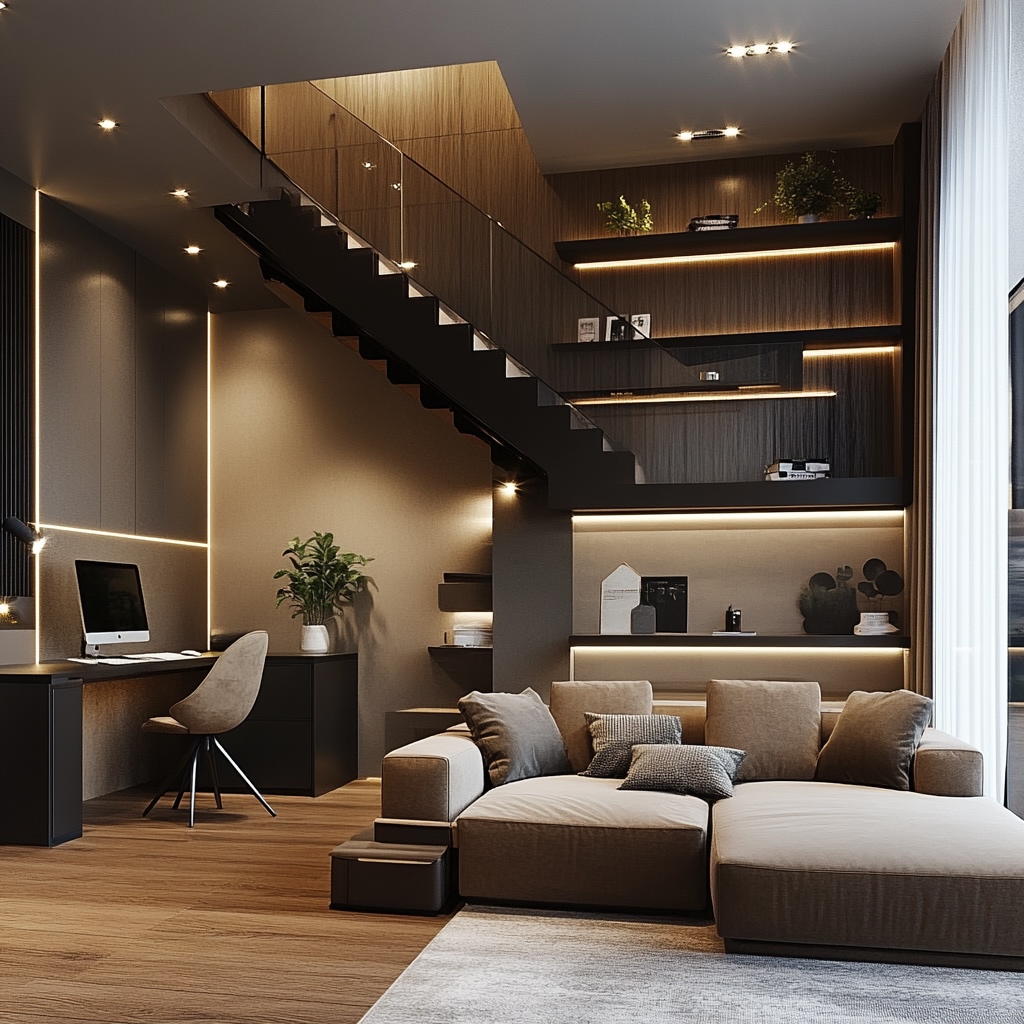 A modern living room with a loft design features a beige corner sofa, occasional seating options, and a sleek wooden staircase. A workspace with a computer is illuminated by warm lighting, highlighting shelves with decorative items for a contemporary touch.
