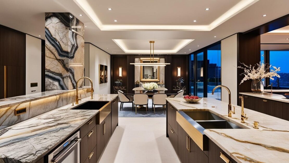 In a realm that echoes the elegance of Billionaires' Homes, this luxurious kitchen features marble countertops, dual sinks, and dark wood cabinetry. At its heart is an island with a fruit bowl, leading to a dining area adorned with a modern chandelier and grand glass doors revealing the view beyond.